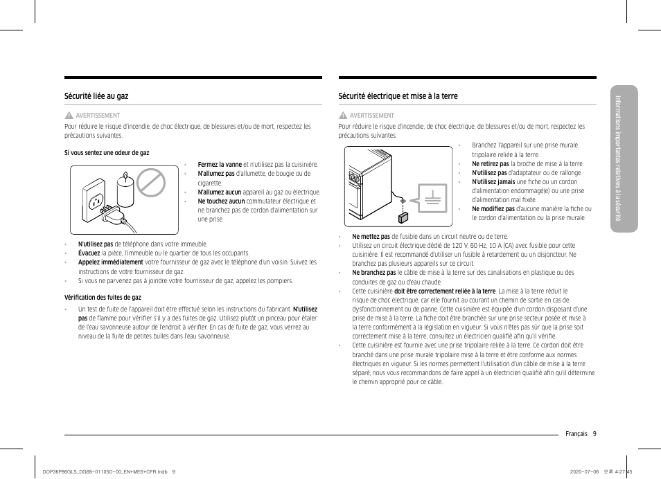 Sécurité liée au gaz, Sécurité électrique et mise à la terre | Dacor Transitional 36 Inch Freestanding Gas Smart Range Use & Care Manual User Manual | Page 121 / 168