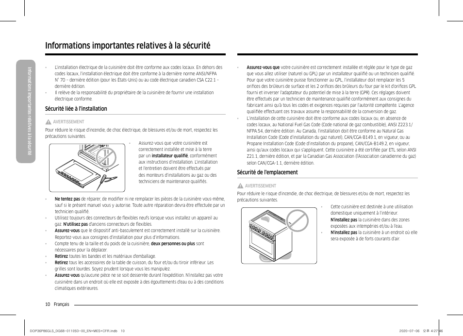 Sécurité liée à l'installation, Sécurité de l'emplacement, Informations importantes relatives à la sécurité | Dacor Transitional 36 Inch Freestanding Gas Smart Range Use & Care Manual User Manual | Page 122 / 168