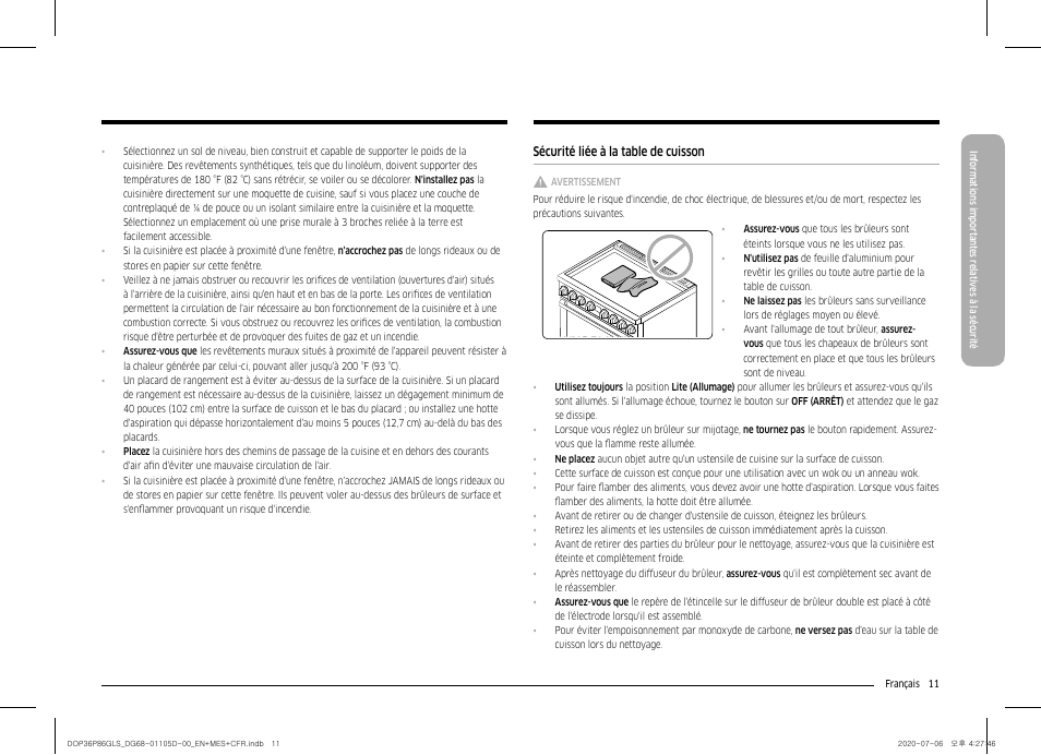 Sécurité liée à la table de cuisson | Dacor Transitional 36 Inch Freestanding Gas Smart Range Use & Care Manual User Manual | Page 123 / 168