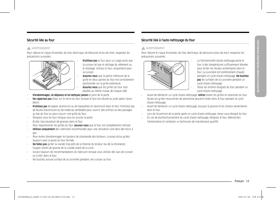 Sécurité liée au four, Sécurité liée à l'auto-nettoyage du four | Dacor Transitional 36 Inch Freestanding Gas Smart Range Use & Care Manual User Manual | Page 125 / 168