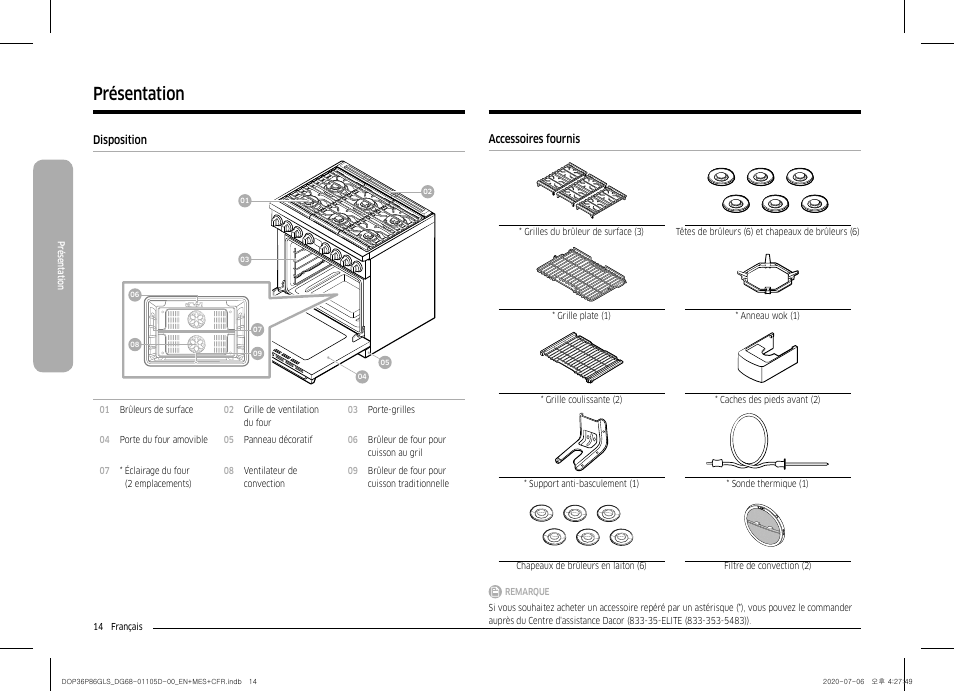 Présentation 14, Disposition 14 accessoires fournis, Présentation | Dacor Transitional 36 Inch Freestanding Gas Smart Range Use & Care Manual User Manual | Page 126 / 168
