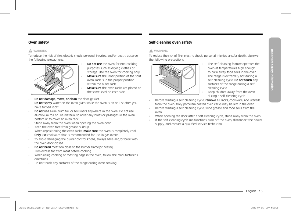Oven safety, Self-cleaning oven safety | Dacor Transitional 36 Inch Freestanding Gas Smart Range Use & Care Manual User Manual | Page 13 / 168