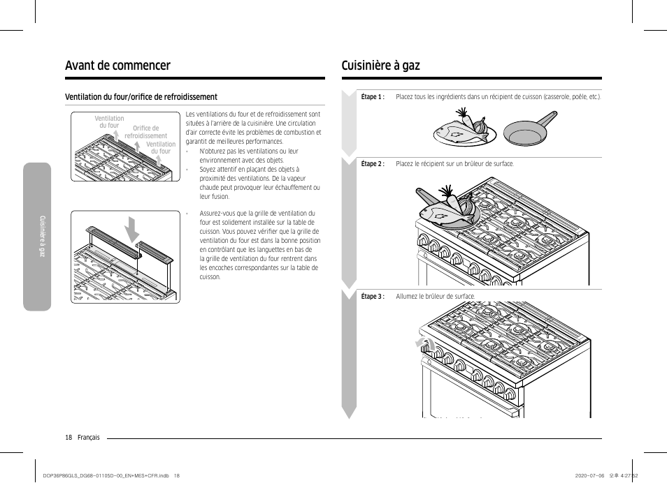 Ventilation du four/orifice de refroidissement, Cuisinière à gaz, Avant de commencer | Dacor Transitional 36 Inch Freestanding Gas Smart Range Use & Care Manual User Manual | Page 130 / 168