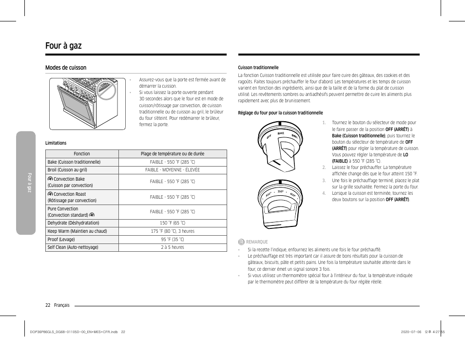 Modes de cuisson, Four à gaz | Dacor Transitional 36 Inch Freestanding Gas Smart Range Use & Care Manual User Manual | Page 134 / 168