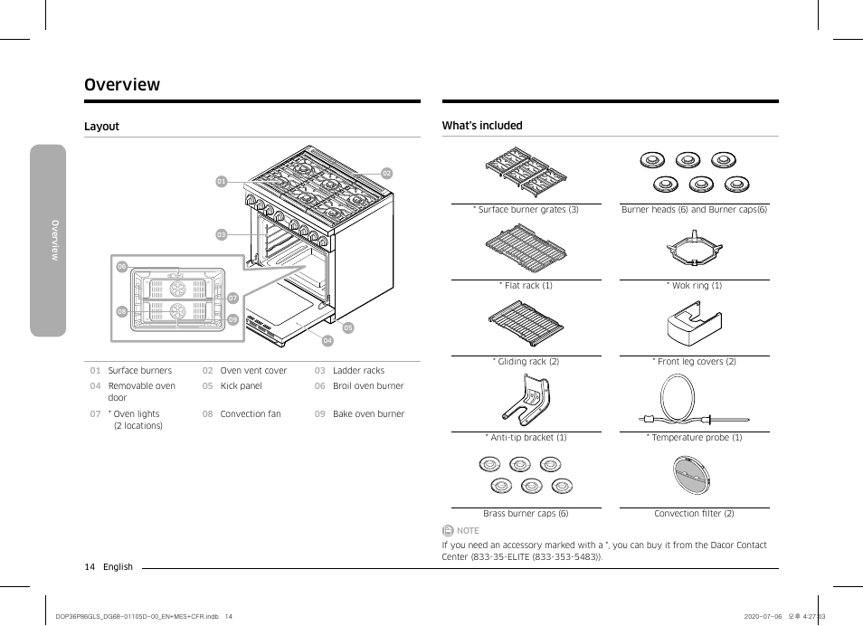 Overview 14, Layout 14 what’s included, Overview | Dacor Transitional 36 Inch Freestanding Gas Smart Range Use & Care Manual User Manual | Page 14 / 168