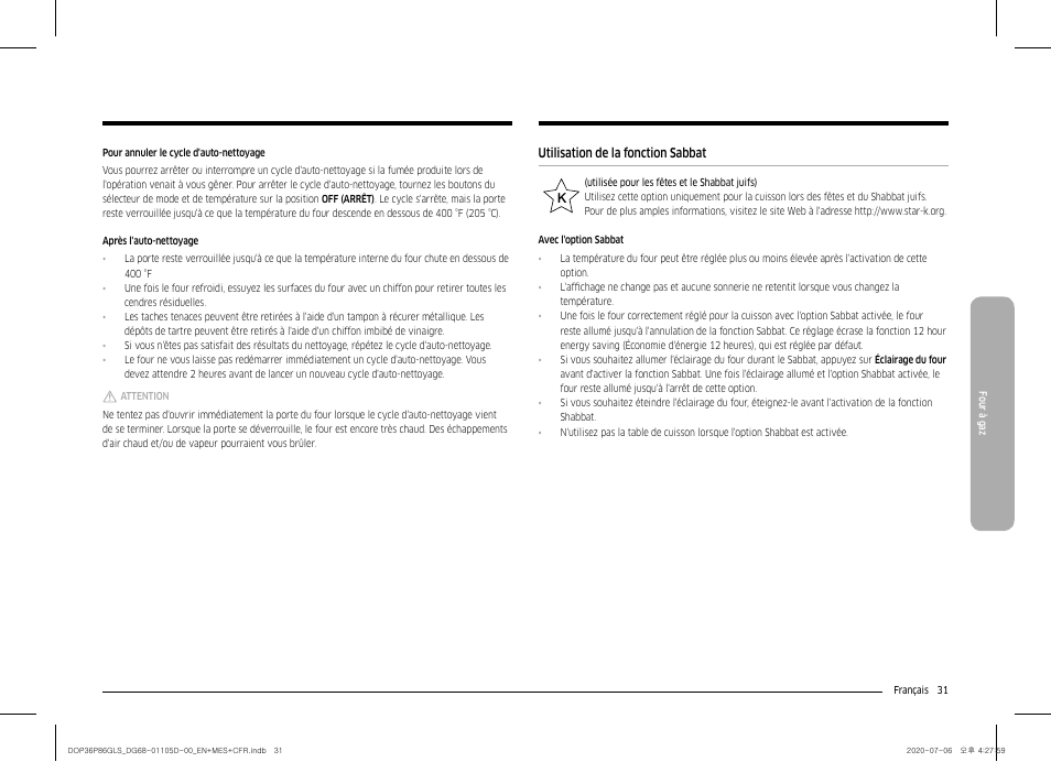 Utilisation de la fonction sabbat | Dacor Transitional 36 Inch Freestanding Gas Smart Range Use & Care Manual User Manual | Page 143 / 168