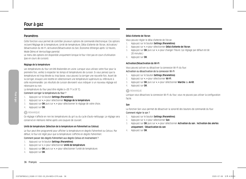 Paramètres 36, Four à gaz | Dacor Transitional 36 Inch Freestanding Gas Smart Range Use & Care Manual User Manual | Page 148 / 168