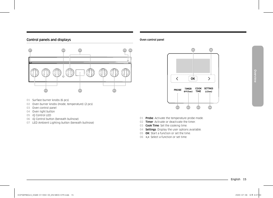 Control panels and displays | Dacor Transitional 36 Inch Freestanding Gas Smart Range Use & Care Manual User Manual | Page 15 / 168