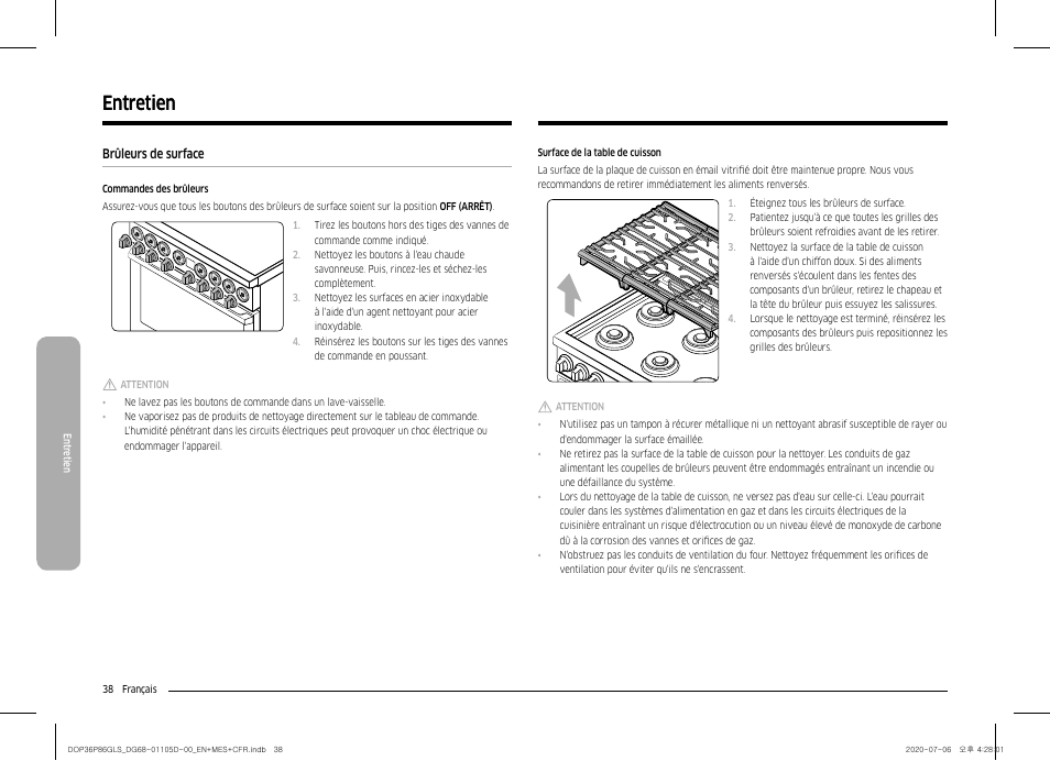 Entretien 38, Brûleurs de surface, Entretien | Dacor Transitional 36 Inch Freestanding Gas Smart Range Use & Care Manual User Manual | Page 150 / 168