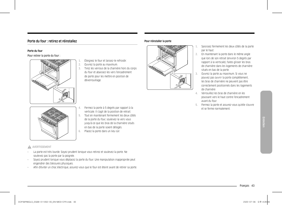 Porte du four : retirez et réinstallez | Dacor Transitional 36 Inch Freestanding Gas Smart Range Use & Care Manual User Manual | Page 155 / 168