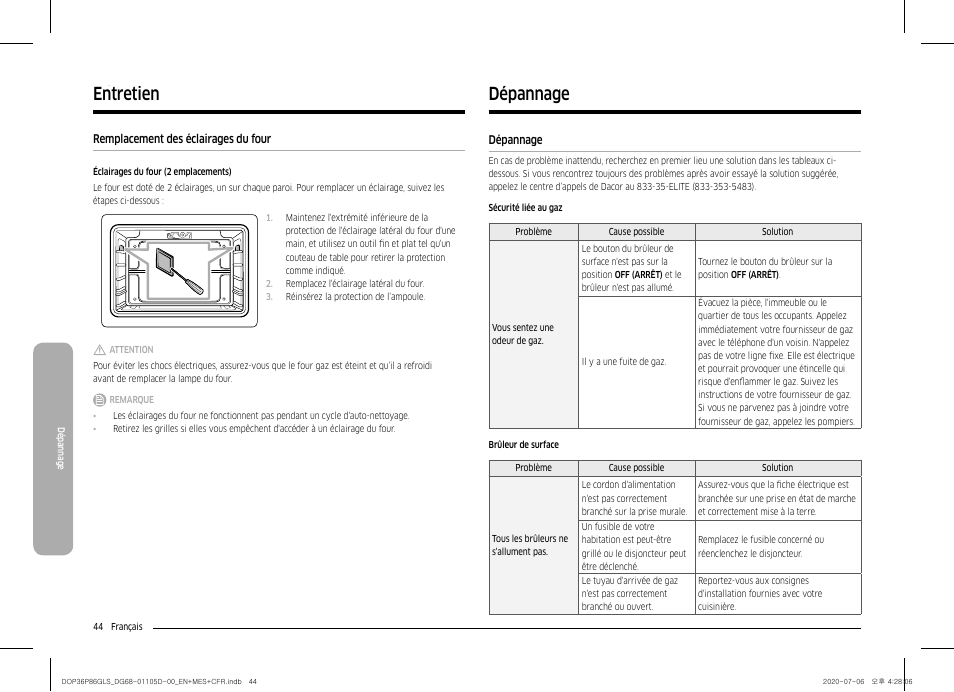 Remplacement des éclairages du four, Dépannage 44, Dépannage | Entretien | Dacor Transitional 36 Inch Freestanding Gas Smart Range Use & Care Manual User Manual | Page 156 / 168