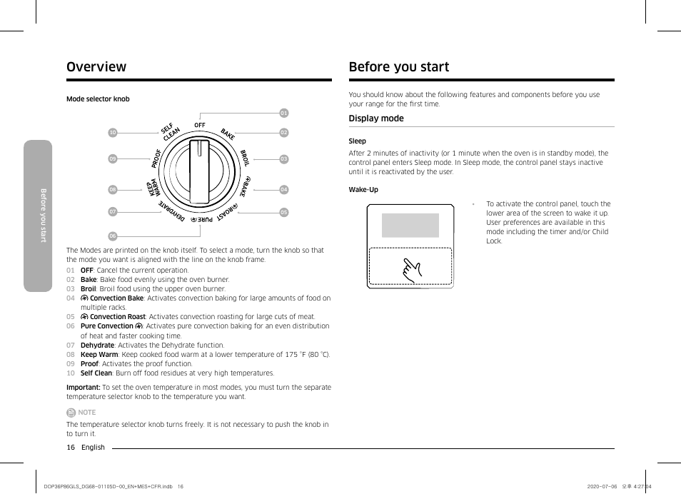 Before you start, Display mode, Before you start overview | Dacor Transitional 36 Inch Freestanding Gas Smart Range Use & Care Manual User Manual | Page 16 / 168