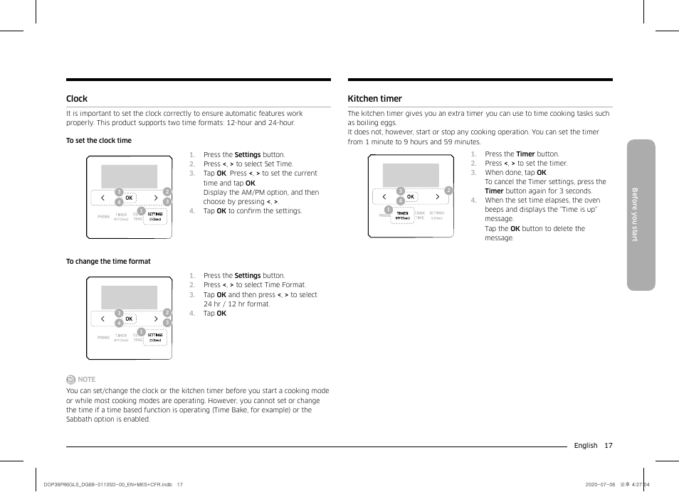 Clock 17 kitchen timer | Dacor Transitional 36 Inch Freestanding Gas Smart Range Use & Care Manual User Manual | Page 17 / 168
