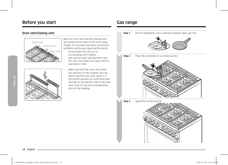 Oven vent/cooling vent, Gas range, Before you start | Dacor Transitional 36 Inch Freestanding Gas Smart Range Use & Care Manual User Manual | Page 18 / 168