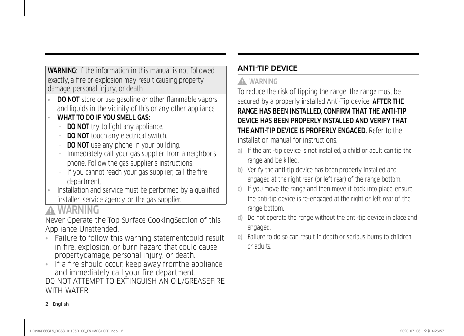 Warning | Dacor Transitional 36 Inch Freestanding Gas Smart Range Use & Care Manual User Manual | Page 2 / 168