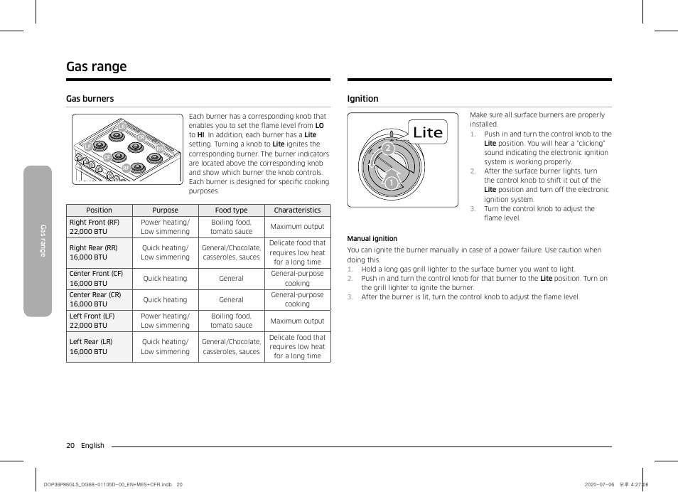 Gas burners, Ignition 20, Gas range | Dacor Transitional 36 Inch Freestanding Gas Smart Range Use & Care Manual User Manual | Page 20 / 168