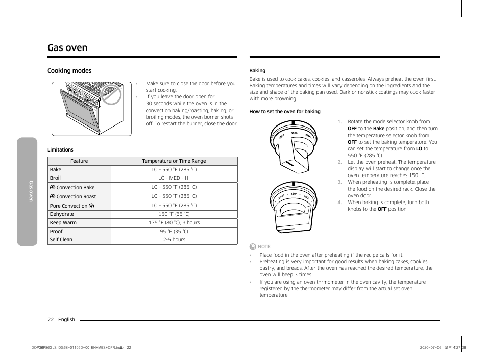 Cooking modes, Gas oven | Dacor Transitional 36 Inch Freestanding Gas Smart Range Use & Care Manual User Manual | Page 22 / 168