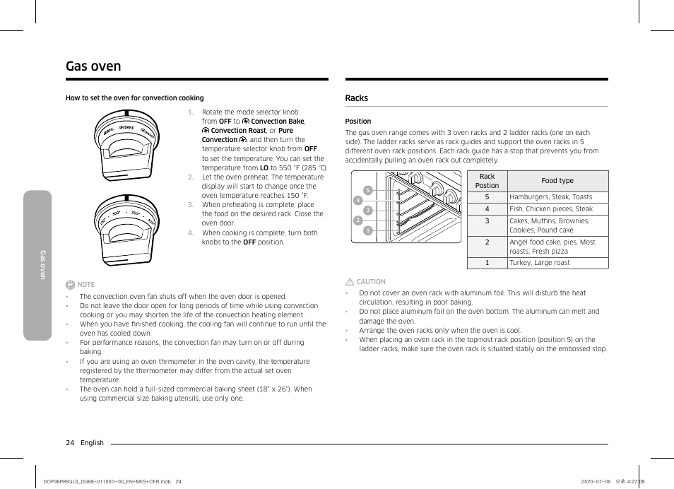 Racks 24, Gas oven | Dacor Transitional 36 Inch Freestanding Gas Smart Range Use & Care Manual User Manual | Page 24 / 168