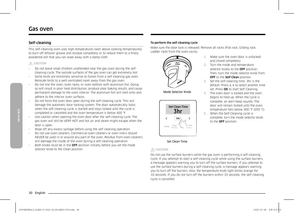 Self-cleaning 30, Gas oven | Dacor Transitional 36 Inch Freestanding Gas Smart Range Use & Care Manual User Manual | Page 30 / 168