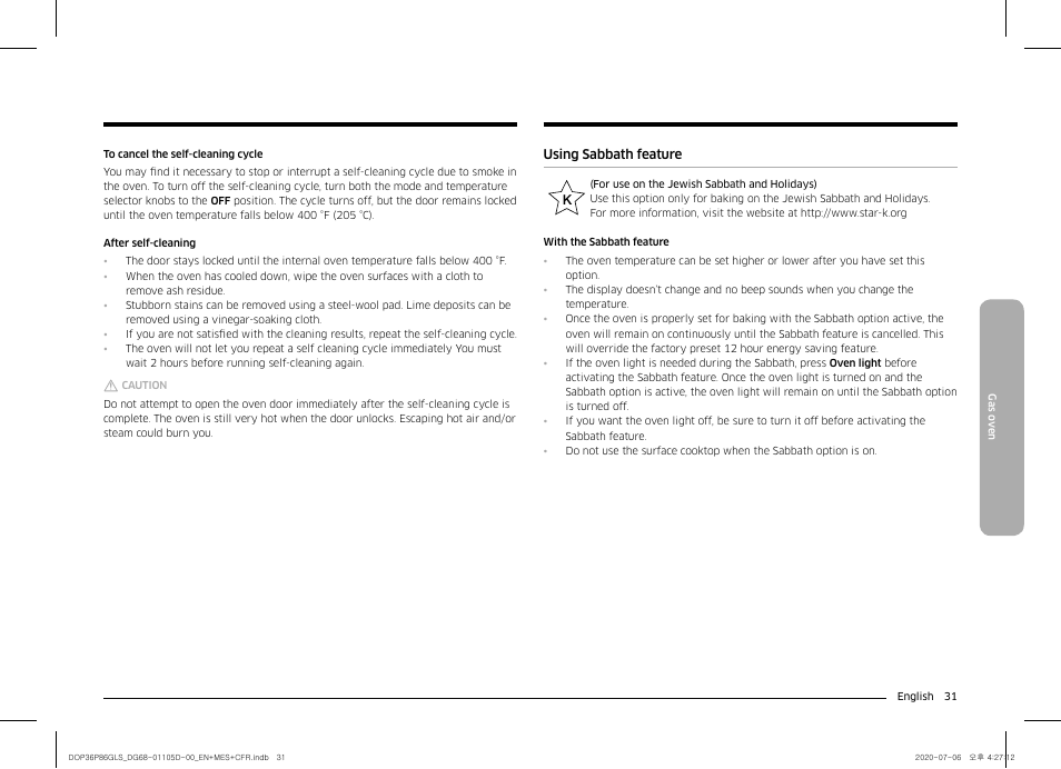 Using sabbath feature | Dacor Transitional 36 Inch Freestanding Gas Smart Range Use & Care Manual User Manual | Page 31 / 168