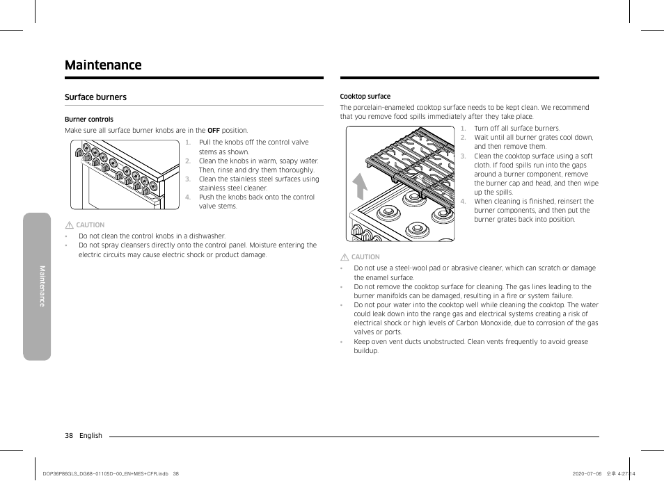 Maintenance 38, Surface burners, Maintenance | Dacor Transitional 36 Inch Freestanding Gas Smart Range Use & Care Manual User Manual | Page 38 / 168