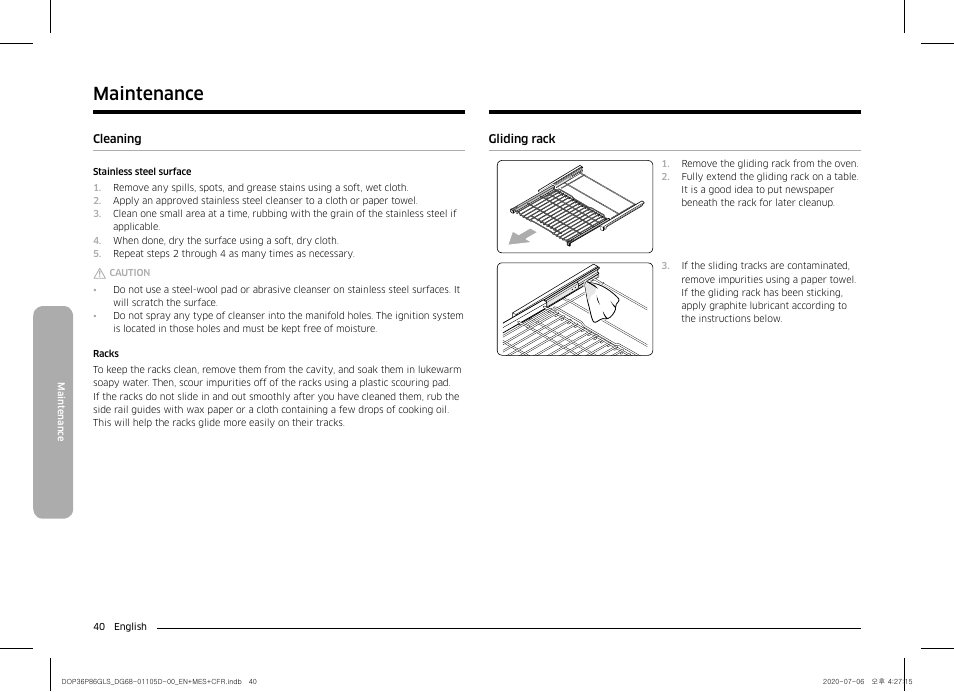 Cleaning 40 gliding rack, Maintenance | Dacor Transitional 36 Inch Freestanding Gas Smart Range Use & Care Manual User Manual | Page 40 / 168