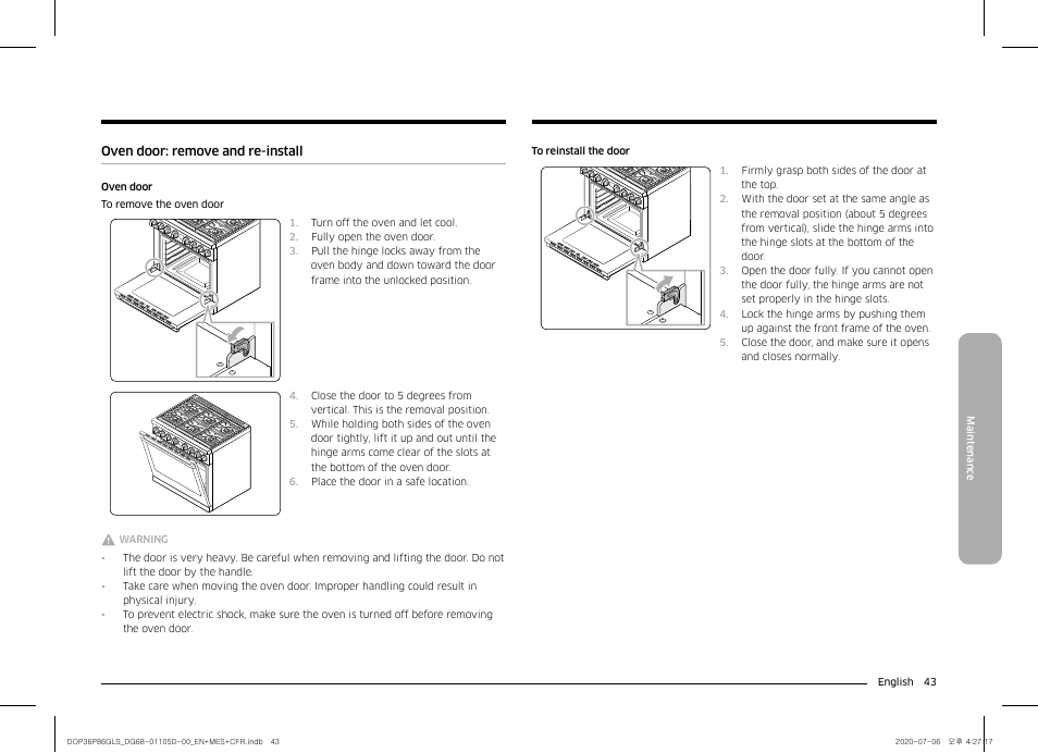 Oven door: remove and re-install | Dacor Transitional 36 Inch Freestanding Gas Smart Range Use & Care Manual User Manual | Page 43 / 168