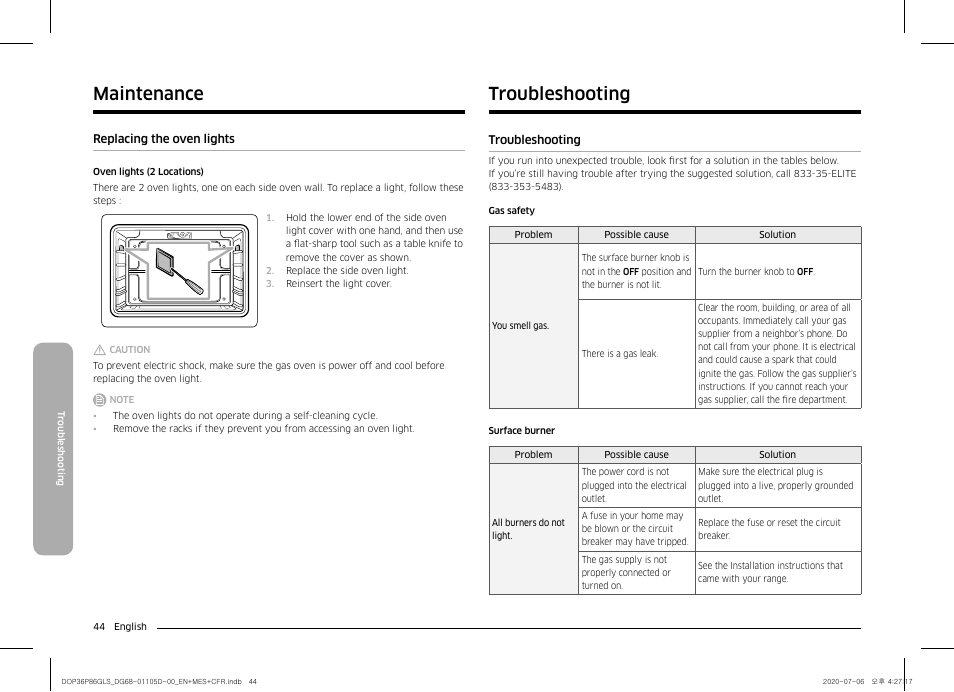 Replacing the oven lights, Troubleshooting 44, Troubleshooting | Maintenance | Dacor Transitional 36 Inch Freestanding Gas Smart Range Use & Care Manual User Manual | Page 44 / 168