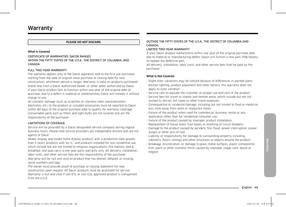 Warranty 49, Warranty | Dacor Transitional 36 Inch Freestanding Gas Smart Range Use & Care Manual User Manual | Page 49 / 168