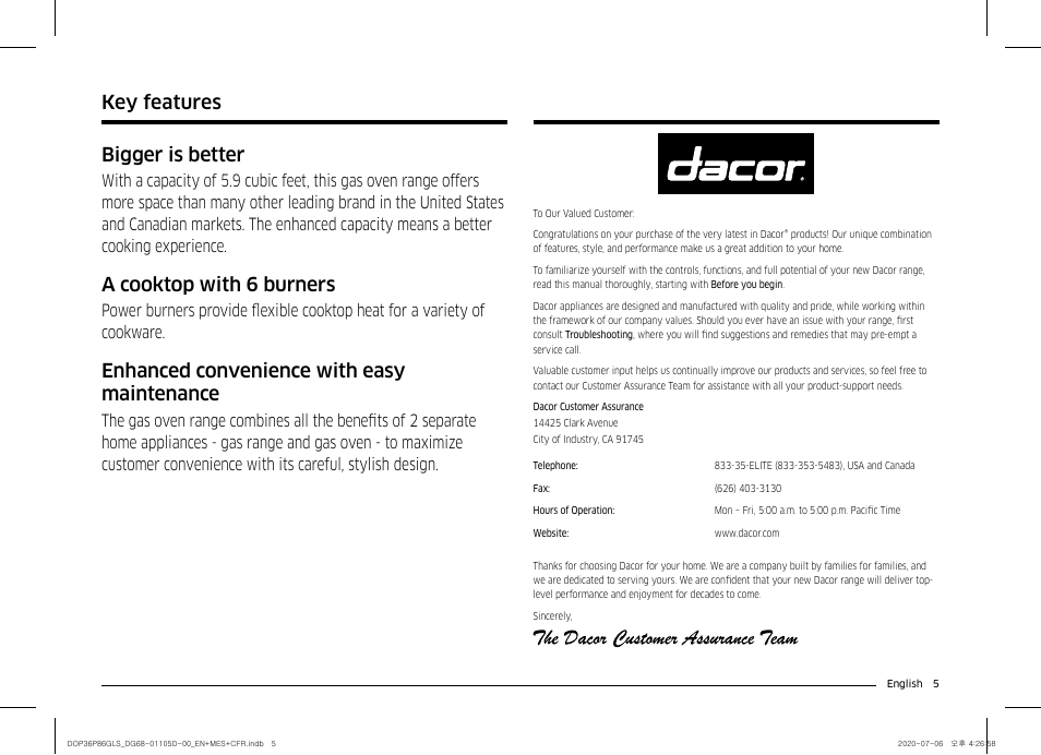 Bigger is better, A cooktop with 6 burners, Enhanced convenience with easy maintenance | Key features | Dacor Transitional 36 Inch Freestanding Gas Smart Range Use & Care Manual User Manual | Page 5 / 168
