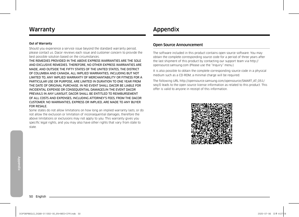 Appendix 50, Appendix, Warranty appendix | Dacor Transitional 36 Inch Freestanding Gas Smart Range Use & Care Manual User Manual | Page 50 / 168