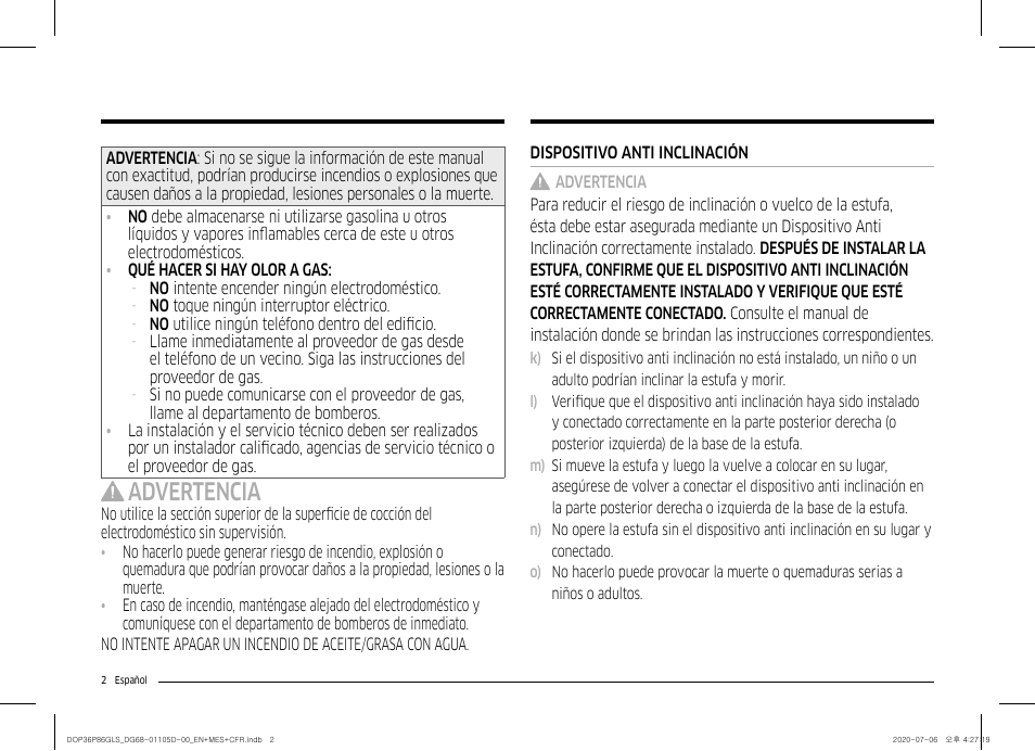 Advertencia | Dacor Transitional 36 Inch Freestanding Gas Smart Range Use & Care Manual User Manual | Page 58 / 168
