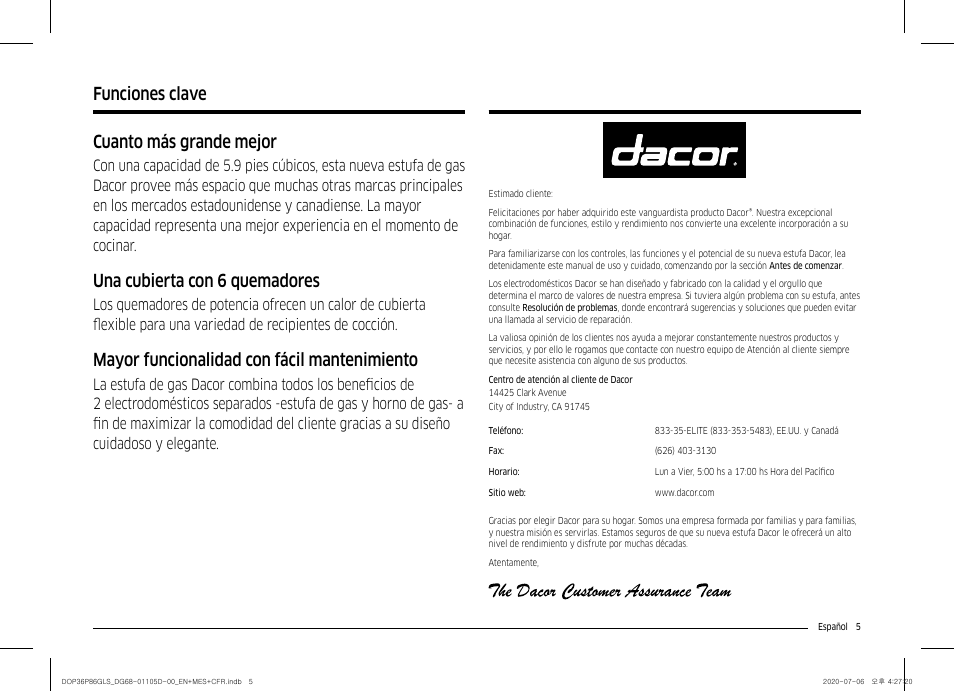 Cuanto más grande mejor, Una cubierta con 6 quemadores, Mayor funcionalidad con fácil mantenimiento | Funciones clave | Dacor Transitional 36 Inch Freestanding Gas Smart Range Use & Care Manual User Manual | Page 61 / 168