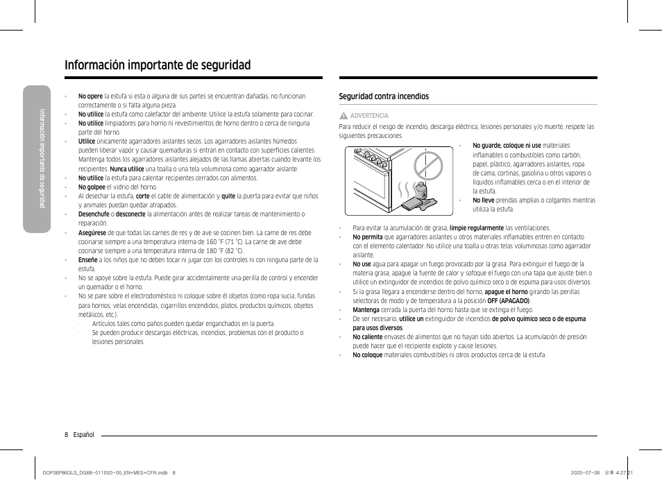 Seguridad contra incendios, Información importante de seguridad | Dacor Transitional 36 Inch Freestanding Gas Smart Range Use & Care Manual User Manual | Page 64 / 168