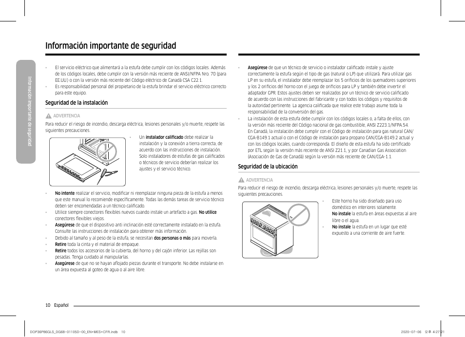 Seguridad de la instalación, Seguridad de la ubicación, Información importante de seguridad | Dacor Transitional 36 Inch Freestanding Gas Smart Range Use & Care Manual User Manual | Page 66 / 168