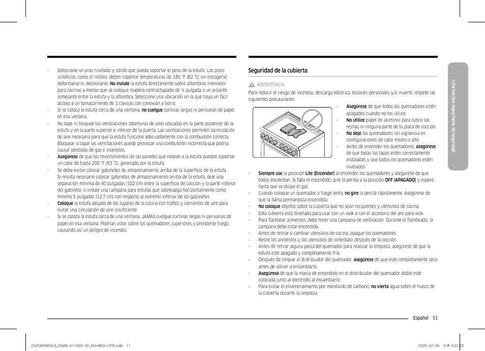 Seguridad de la cubierta | Dacor Transitional 36 Inch Freestanding Gas Smart Range Use & Care Manual User Manual | Page 67 / 168