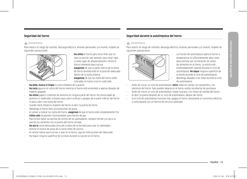 Seguridad del horno, Seguridad durante la autolimpieza del horno | Dacor Transitional 36 Inch Freestanding Gas Smart Range Use & Care Manual User Manual | Page 69 / 168