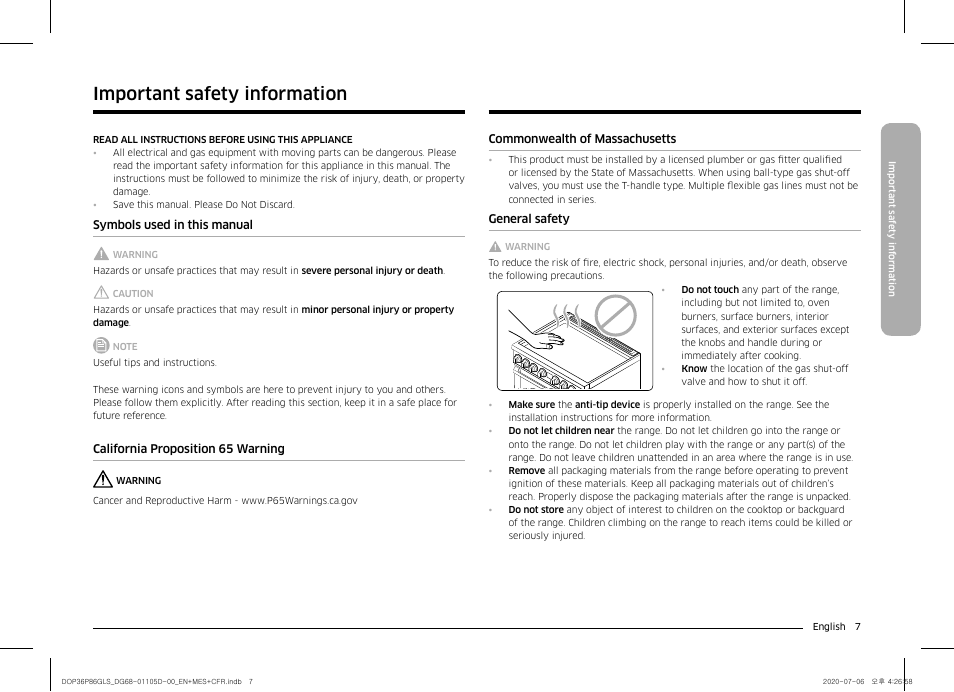 Important safety information, Symbols used in this manual, California proposition 65 warning | Commonwealth of massachusetts, General safety | Dacor Transitional 36 Inch Freestanding Gas Smart Range Use & Care Manual User Manual | Page 7 / 168