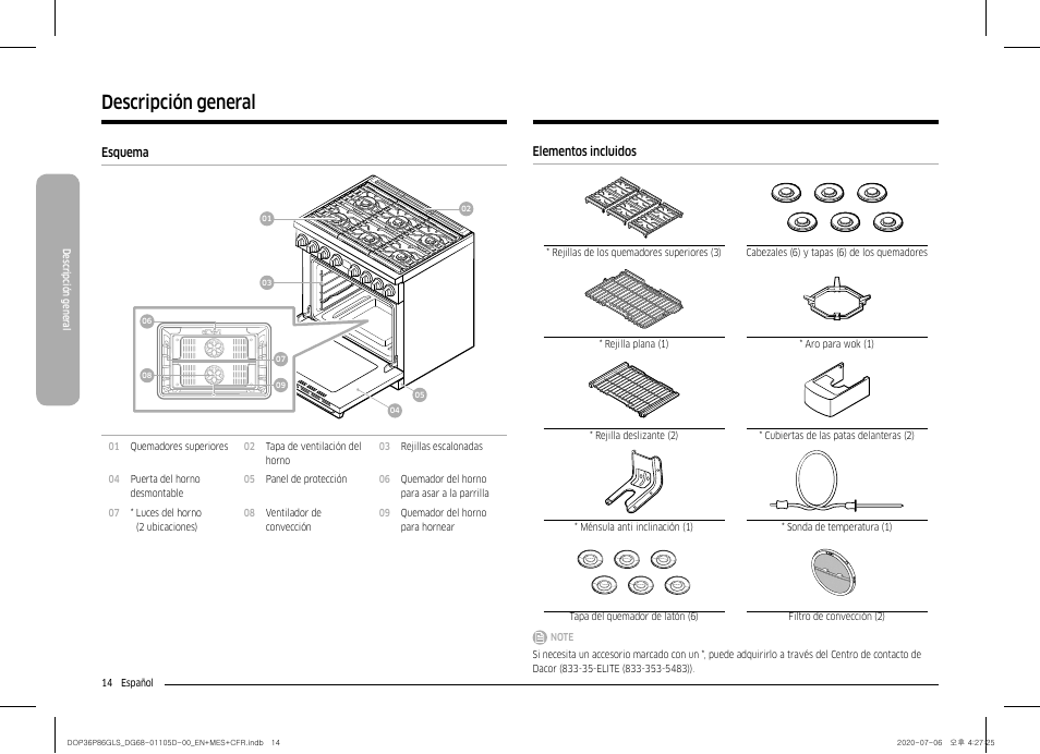Descripción general, Esquema 14 elementos incluidos | Dacor Transitional 36 Inch Freestanding Gas Smart Range Use & Care Manual User Manual | Page 70 / 168