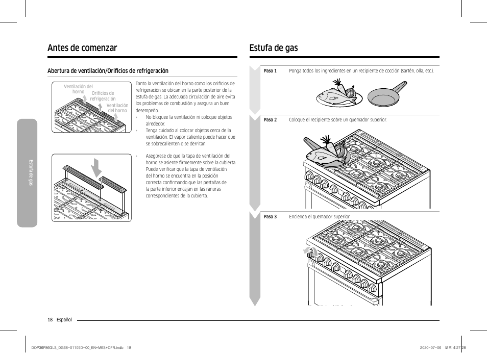 Abertura de ventilación/orificios de refrigeración, Estufa de gas, Antes de comenzar | Dacor Transitional 36 Inch Freestanding Gas Smart Range Use & Care Manual User Manual | Page 74 / 168