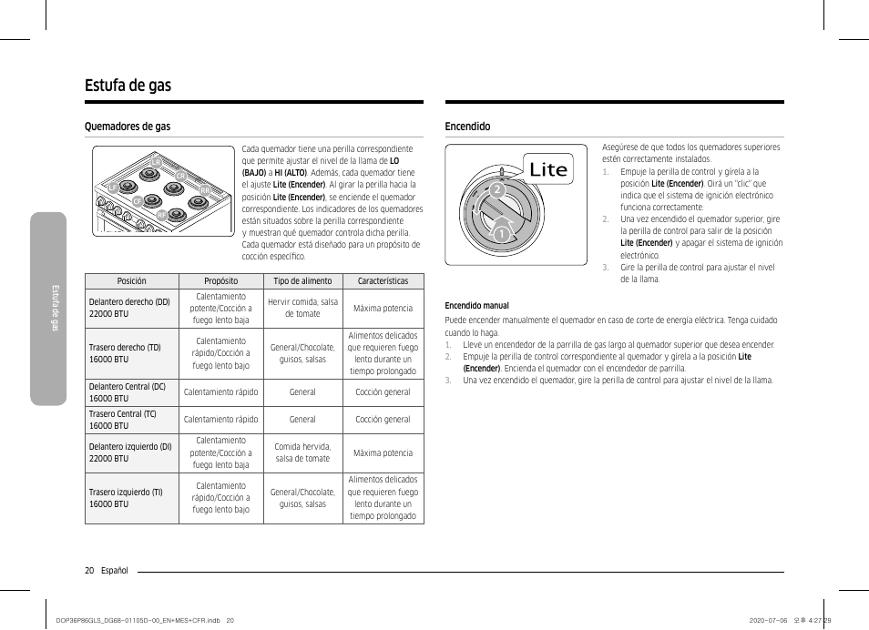 Quemadores de gas, Encendido 20, Estufa de gas | Dacor Transitional 36 Inch Freestanding Gas Smart Range Use & Care Manual User Manual | Page 76 / 168