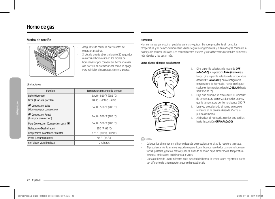 Modos de cocción, Horno de gas | Dacor Transitional 36 Inch Freestanding Gas Smart Range Use & Care Manual User Manual | Page 78 / 168
