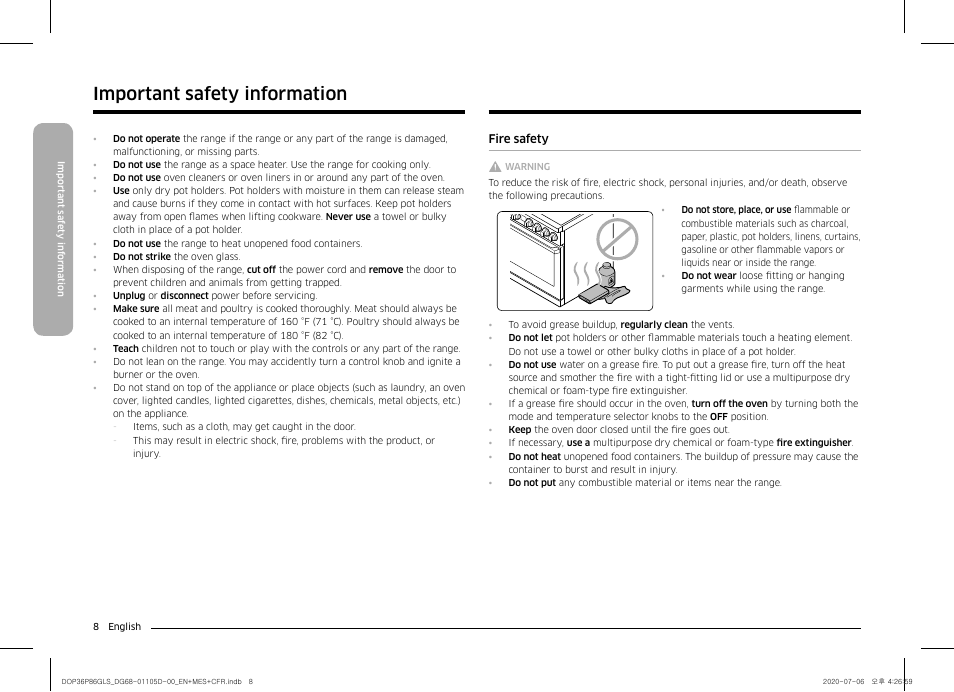 Fire safety, Important safety information | Dacor Transitional 36 Inch Freestanding Gas Smart Range Use & Care Manual User Manual | Page 8 / 168