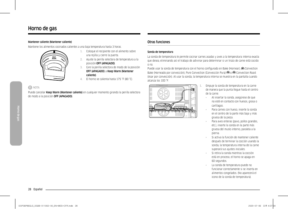 Otras funciones, Horno de gas | Dacor Transitional 36 Inch Freestanding Gas Smart Range Use & Care Manual User Manual | Page 84 / 168