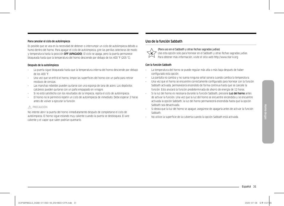 Uso de la función sabbath | Dacor Transitional 36 Inch Freestanding Gas Smart Range Use & Care Manual User Manual | Page 87 / 168