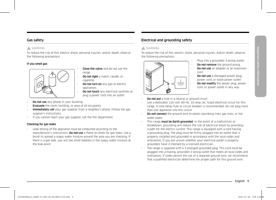 Gas safety, Electrical and grounding safety | Dacor Transitional 36 Inch Freestanding Gas Smart Range Use & Care Manual User Manual | Page 9 / 168