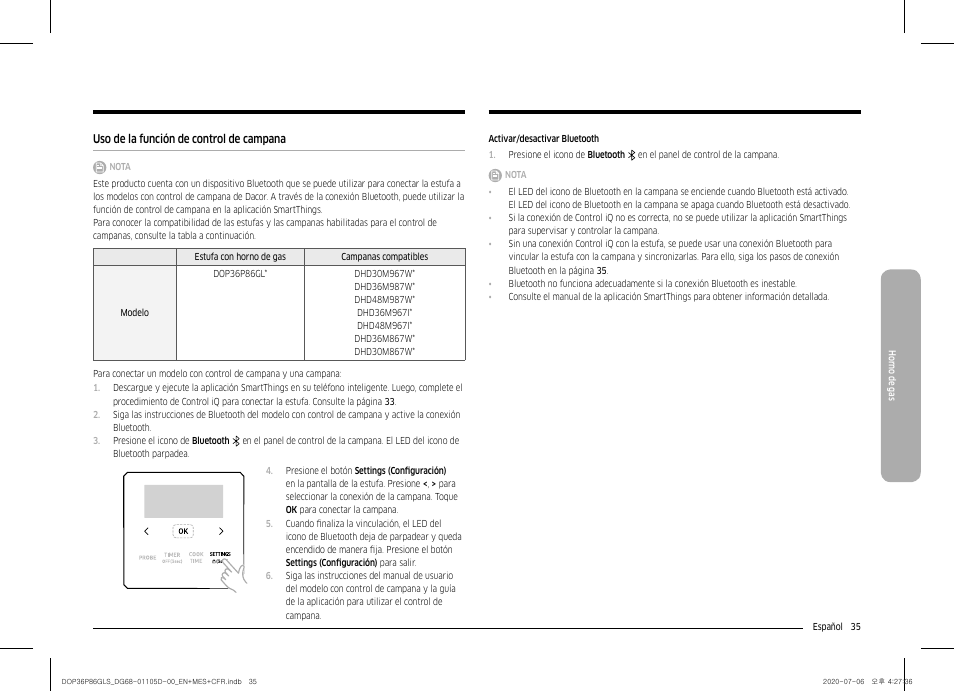 Uso de la función de control de campana | Dacor Transitional 36 Inch Freestanding Gas Smart Range Use & Care Manual User Manual | Page 91 / 168