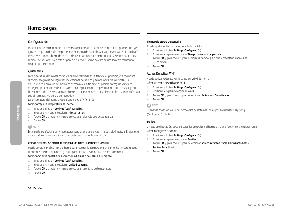 Configuración 36, Horno de gas | Dacor Transitional 36 Inch Freestanding Gas Smart Range Use & Care Manual User Manual | Page 92 / 168
