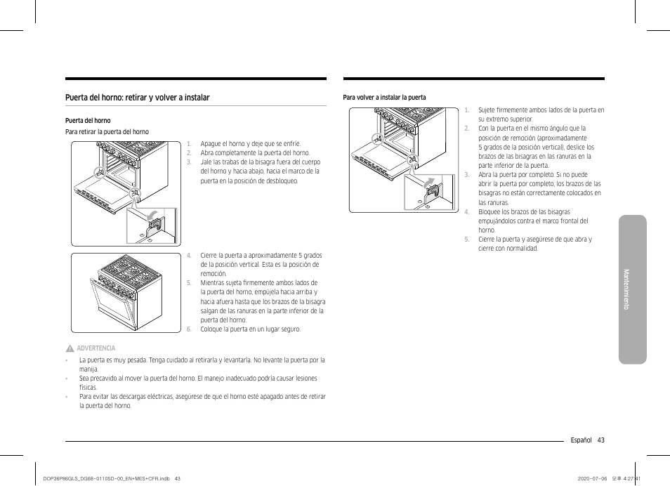 Puerta del horno: retirar y volver a instalar | Dacor Transitional 36 Inch Freestanding Gas Smart Range Use & Care Manual User Manual | Page 99 / 168