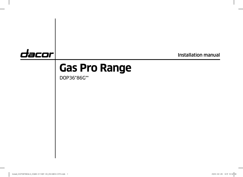 Dacor Transitional 36 Inch Freestanding Gas Smart Range Install Guide User Manual | 96 pages